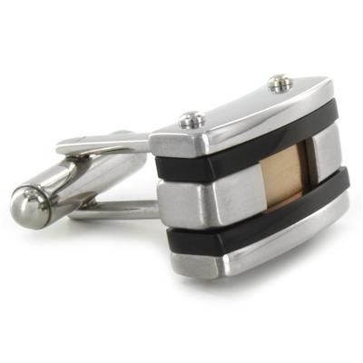 Stainless Steel Colored Inlay and Black Racing Stripe Cuff Links - Copper
