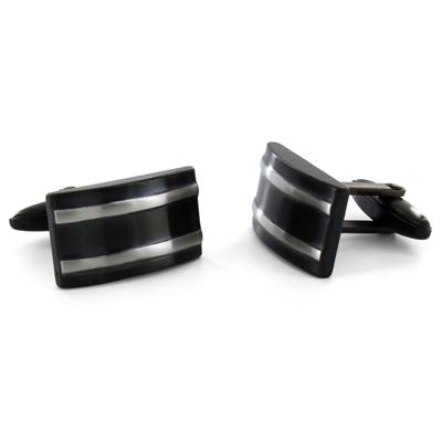 Black Stainless Steel with White Stripes Cuff Links