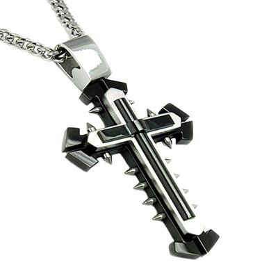 Black Plated Stainless Steel Mens Cross with Spikes on 24 Inch Steel Curb Chain