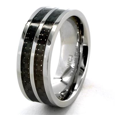 Stainless Steel Black Striped Carbon Fiber Inlay Ring