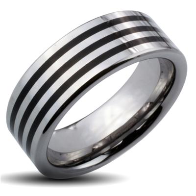 Tungsten Carbide Triple Black Stripes Band Ring