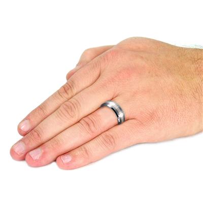 Tungsten Carbide Silver Stripe Inlay Beveled Edge Band Ring