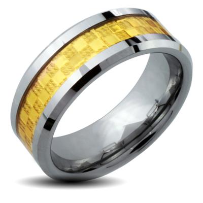 Tungsten Carbide Gold IP Square Checker Inlay Band Ring