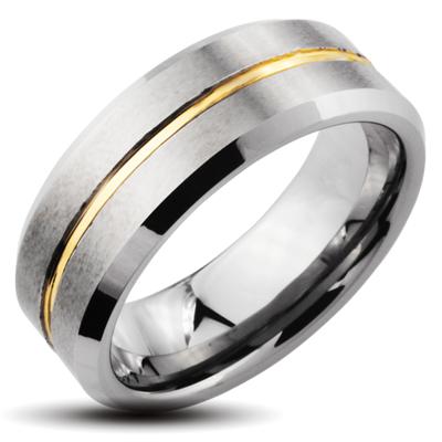 Tungsten Carbide Ring with Gold Striped Groove on the Center