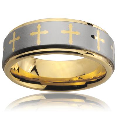Tungsten Carbide IP Gold and Brushed Ring With Cross Decorations