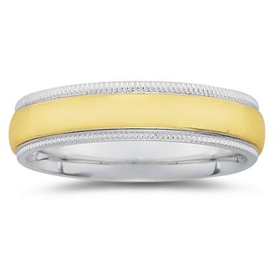 6 mm Two Toned White Milgrain Edge Comfort-Fit Wedding Band in 18k Two-Tone Gold