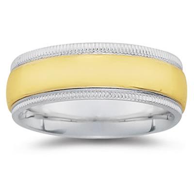 8 mm Two Toned White Milgrain Edge Comfort-Fit Wedding Band in 14k Two-Tone Gold