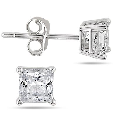 1/4 Carat Princess Cut Diamond Solitaire Earrings in 14K White Gold