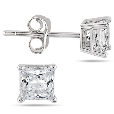 1 Carat Princess Diamond Solitaire Earrings in 14K White Gold
