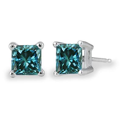 1.00 ct.tw Princess Cut Blue Diamond Solitaire Earrings in 14 kt. White Gold