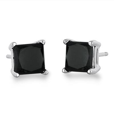 1.50 Carat Black Diamond Princess Cut Stud Earrings in 14K White Gold