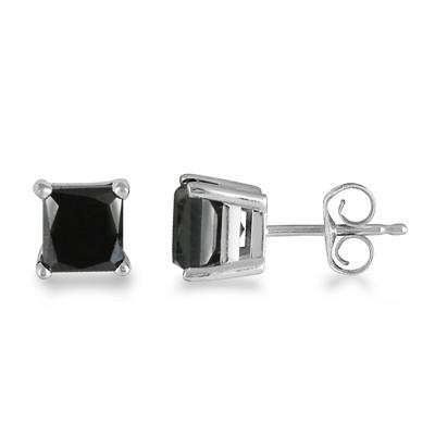 2.00 Carat Black Diamond Princess Cut Stud Earrings in 14K White Gold