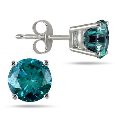 1.00 CTW Round Blue Diamond Solitaire Stud Earrings in 14K White Gold