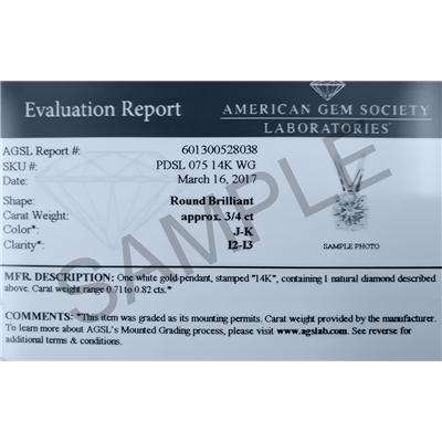 Certified 3/4 Carat Round Diamond Solitaire Pendant in 14K White Gold (I-J Color, I2-I3 Clarity)