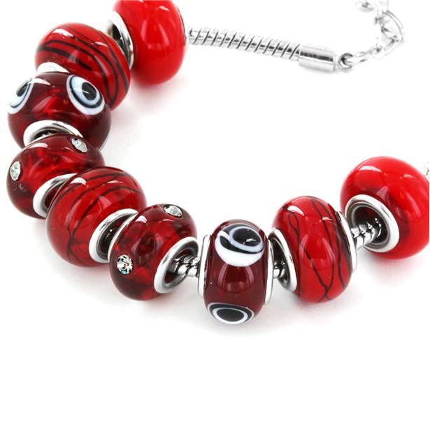 Hand Blown Cherry Red Glass Bead Bracelet in Plated Sterling Silver