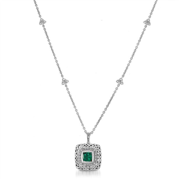 1.25 Carat Cushion Cut Created Emerald and Diamond Necklace in .925