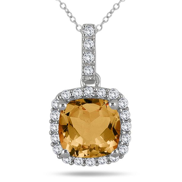 Genuine Madeira Citrine and Lab Diamond Silver Cushion Cut Halo Necklace main image 0