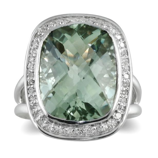 8.75 Carat All Natural Cushion Cut Green Amethyst and Genuine Diamond
