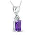 14K White Gold 6x4MM Emerald Shaped Amethyst and Three Stone Diamond Pendant