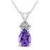 14K White Gold 7x5MM Pear Amethyst and Three Stone Diamond Pendant