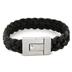 Stainless Steel and Black Leather Mens Woven Bracelet