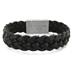 Stainless Steel and Black Leather Mens Woven Bracelet